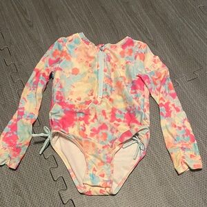 Girl's Long Sleeve Tie-Dye One-Piece Swimsuit - Pastel Coral & Aqua